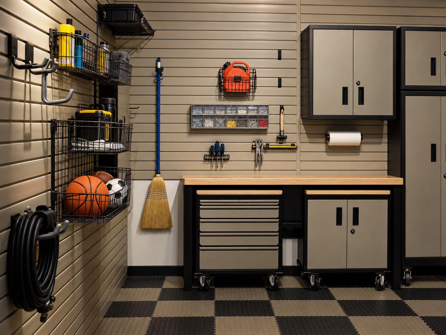 HandiWALL wall system beside garage cabinets and workbench