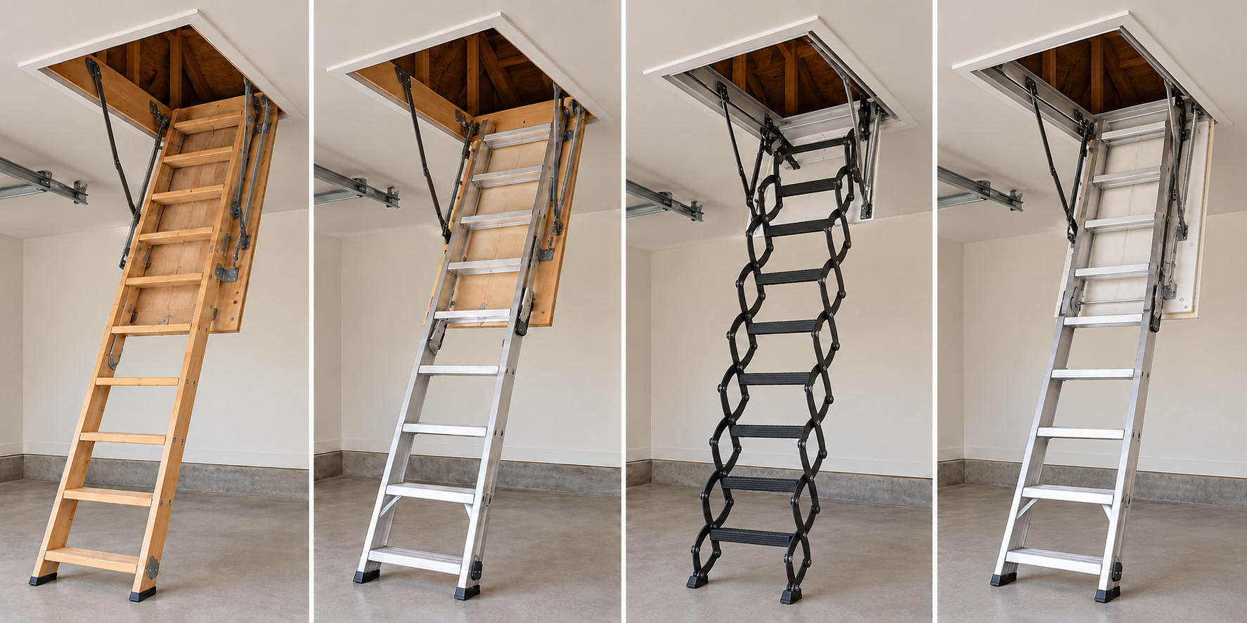 Four attic ladder styles: wood folding, metal folding, scissor-style, and fire-rated insulated