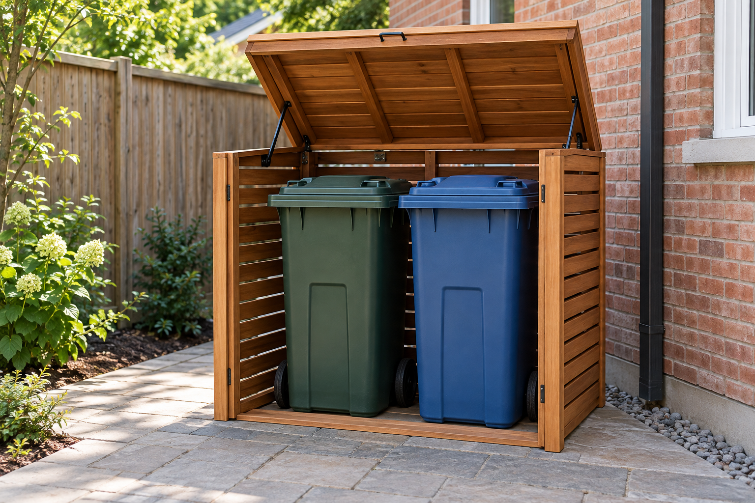 Compact garbage storage enclosure for two bins