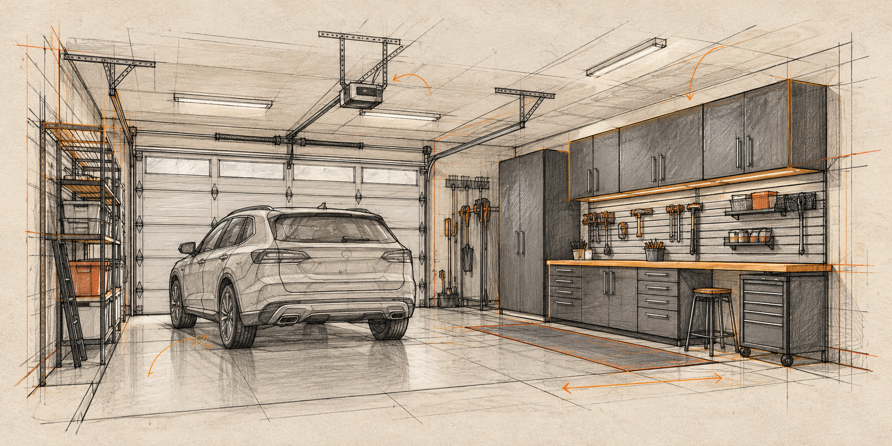 Architectural hand-drawn concept sketch of a garage renovation with wall panels, cabinets, a workbench and a vehicle